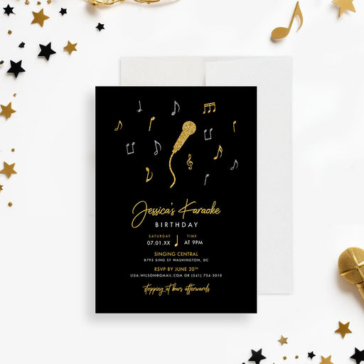 Karaoke birthday party invitation featuring a microphone and music notes, customizable invitation for music-themed celebrations.-front