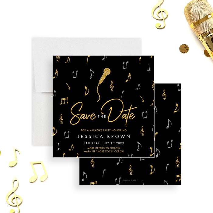 Karaoke party save the date card with microphone and music note illustrations-front-back