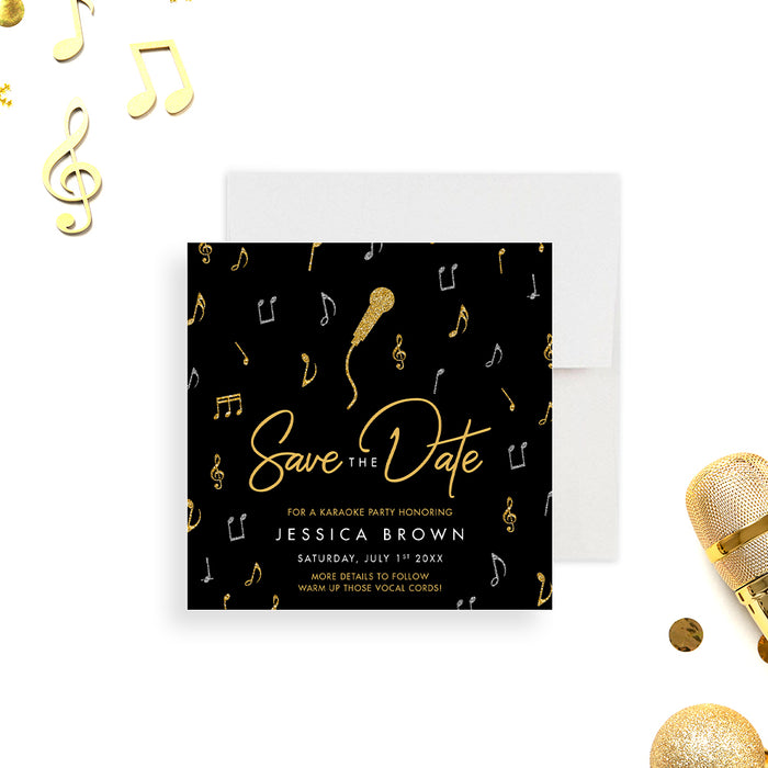 Karaoke party save the date card with microphone and music note illustrations-front