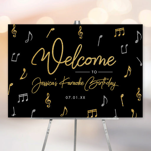 Karaoke birthday welcome sign featuring gold and silver music notes on a black background, personalized for party entrance decor.