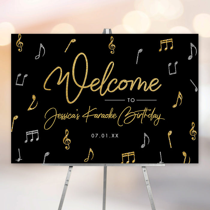 Karaoke birthday welcome sign featuring gold and silver music notes on a black background, personalized for party entrance decor.