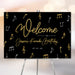 Karaoke birthday welcome sign featuring gold and silver music notes on a black background, personalized for party entrance decor.