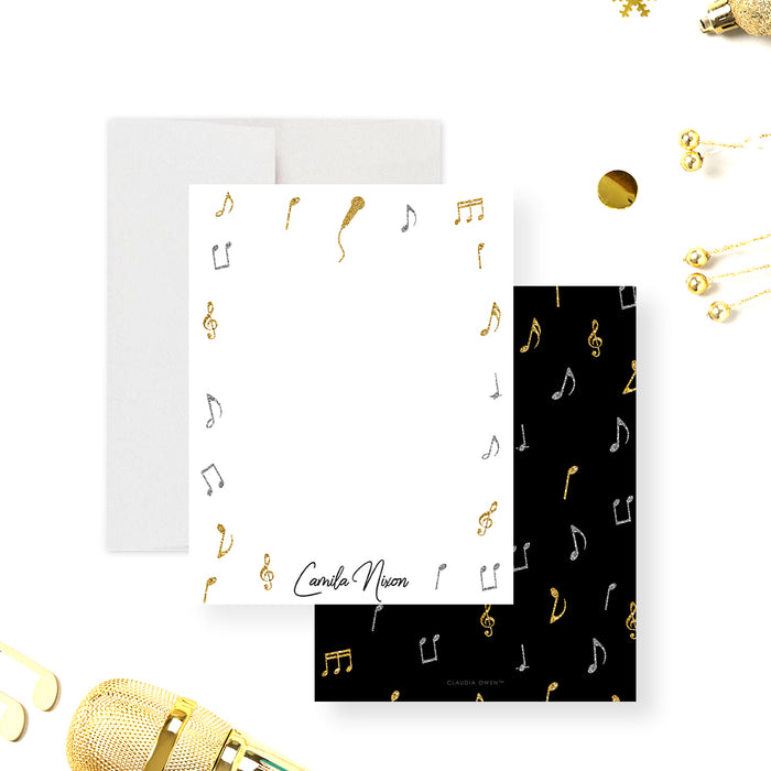 Personalized thank you card with music notes and microphone design for karaoke party.-front-back