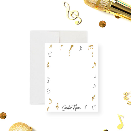 Personalized thank you card with music notes and microphone design for karaoke party.-front
