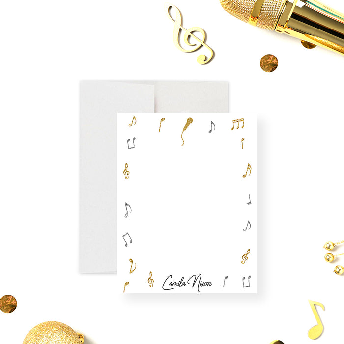 Personalized thank you card with music notes and microphone design for karaoke party.-front