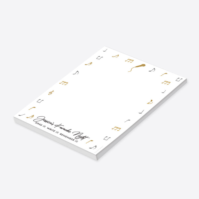 Karaoke night notepad featuring a gold microphone and music notes border, perfect for music-themed parties.-side