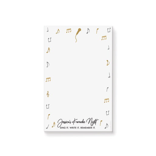 Karaoke night notepad featuring a gold microphone and music notes border, perfect for music-themed parties.