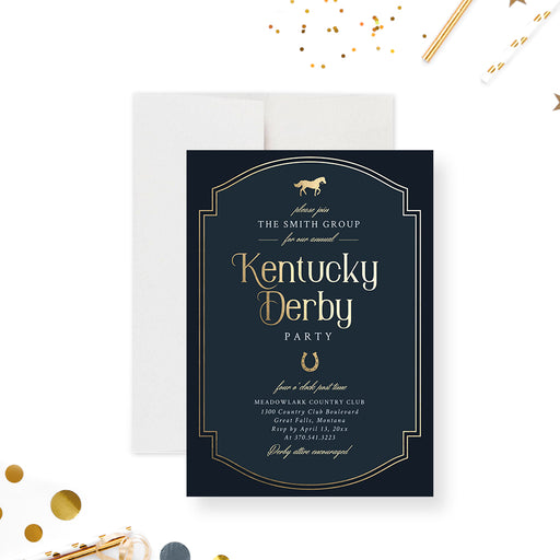 Navy blue and gold Kentucky Derby invitation featuring a horse and horseshoe with an elegant border design-front