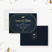 Kentucky Derby save the date card in navy and gold with horse and horseshoe icons and a classic frame design.-front-back