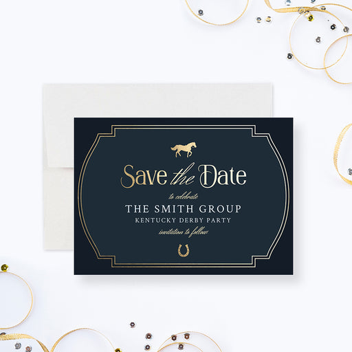 Kentucky Derby save the date card in navy and gold with horse and horseshoe icons and a classic frame design.-front