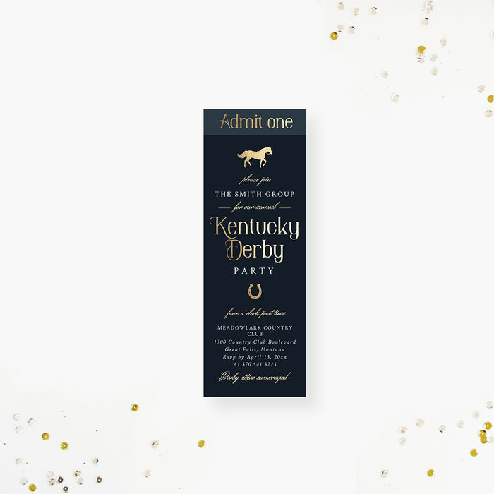 Kentucky Derby admit-one ticket invitation with navy background, gold horse silhouette, and horseshoe design