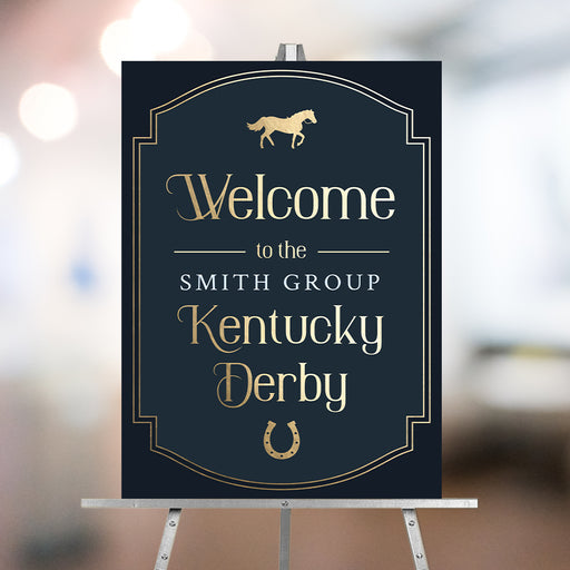 Kentucky Derby welcome sign with a navy background and gold horse and horseshoe illustrations