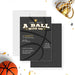 Basketball themed birthday invitation with black basketball texture background and a small trophy icon for a championship feel-front-back