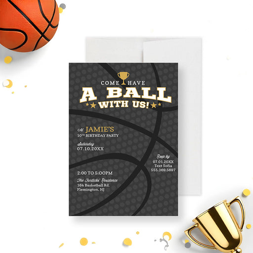 Basketball themed birthday invitation with black basketball texture background and a small trophy icon for a championship feel-front