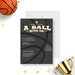 Basketball themed birthday invitation with black basketball texture background and a small trophy icon for a championship feel-front