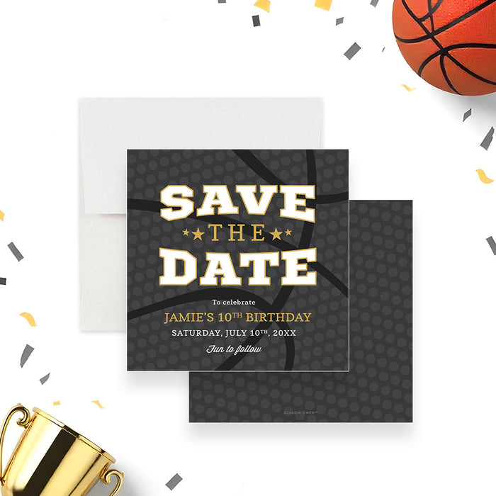 Basketball save the date card with dark basketball texture background and varsity lettering-front-back