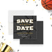 Basketball save the date card with dark basketball texture background and varsity lettering-front-back