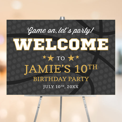 Personalized birthday welcome sign with varsity lettering on a dark basketball-texture background
