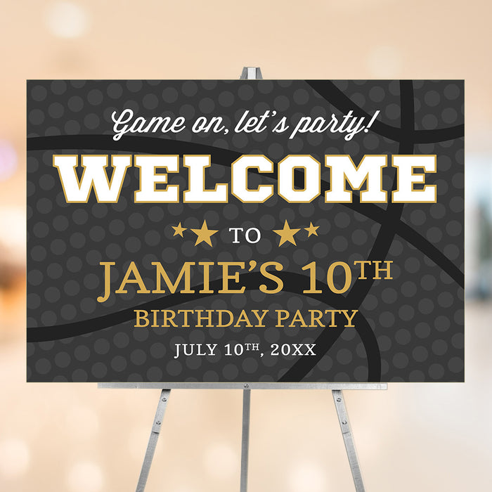 Personalized birthday welcome sign with varsity lettering on a dark basketball-texture background