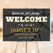 Personalized birthday welcome sign with varsity lettering on a dark basketball-texture background