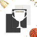 Personalized sports trophy note card with varsity lettering and customizable name for kids birthday thank you-front-back