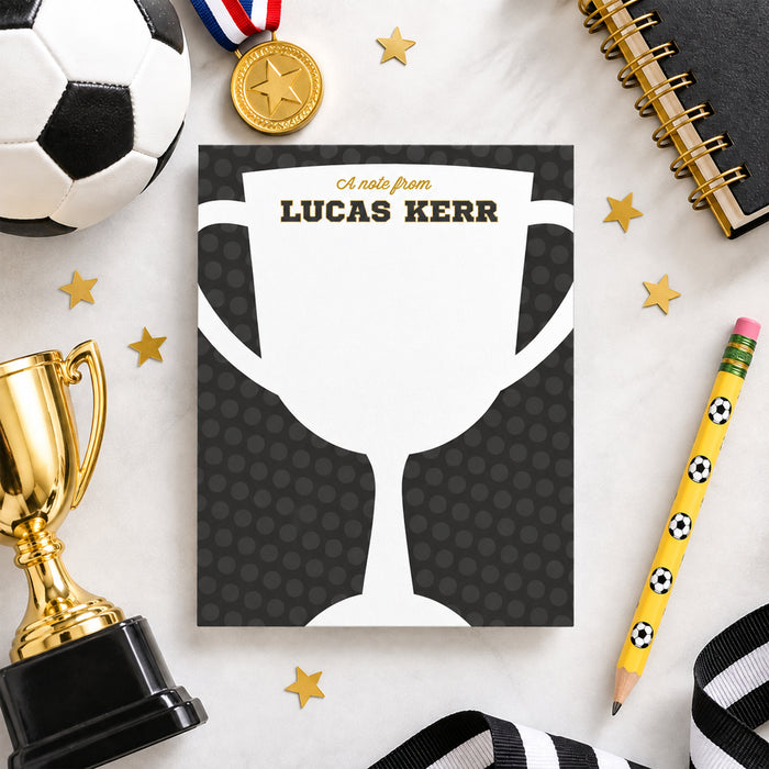 Personalized sports trophy note card with varsity lettering and customizable name for kids birthday thank you-front