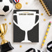 Personalized sports trophy note card with varsity lettering and customizable name for kids birthday thank you-front