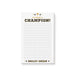 Personalized notepad featuring a trophy, varsity-style lettering, "A note for a champion!" text, and a customizable name