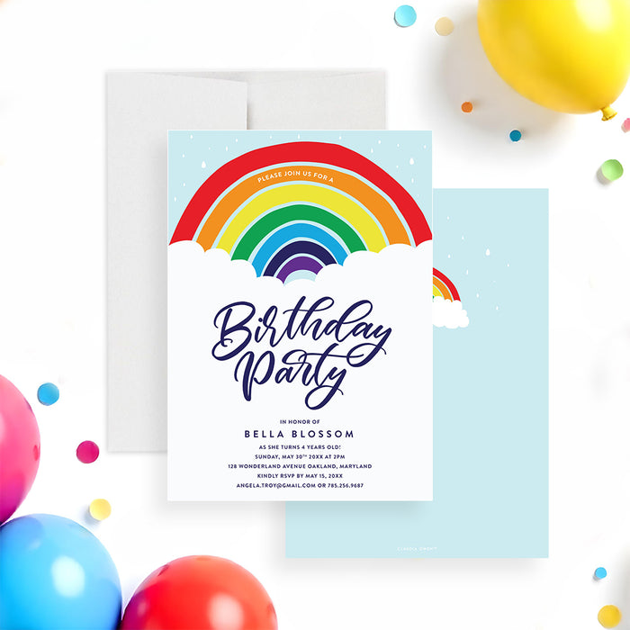 Rainbow birthday invitation with colorful design for kids parties. Bright and cheerful invite perfect for fun birthday celebrations and themed events-front-back
