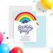 Rainbow birthday invitation with colorful design for kids parties. Bright and cheerful invite perfect for fun birthday celebrations and themed events-front-back