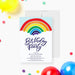Rainbow birthday invitation with colorful design for kids parties. Bright and cheerful invite perfect for fun birthday celebrations and themed events-front