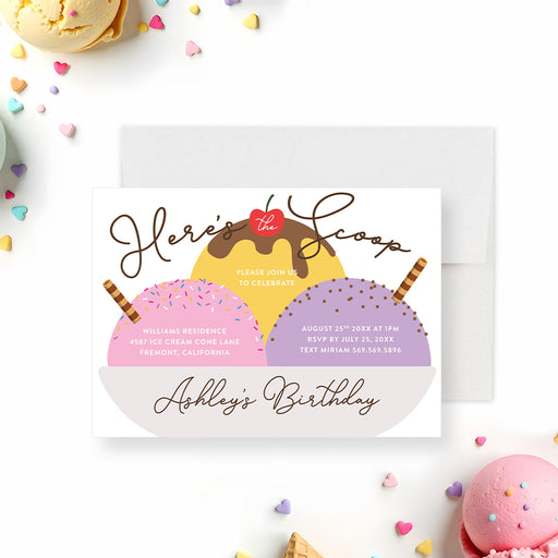 Ice cream-themed birthday invitation featuring colorful scoops with sprinkles and a cherry on top, personalized for a child’s party-front