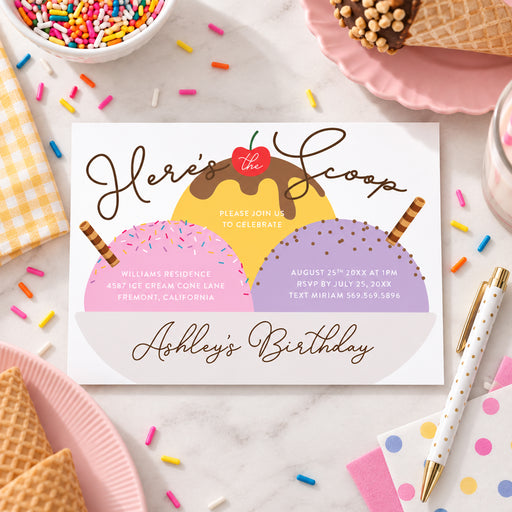 Ice cream-themed birthday invitation featuring colorful scoops with sprinkles and a cherry on top, personalized for a child’s party-front