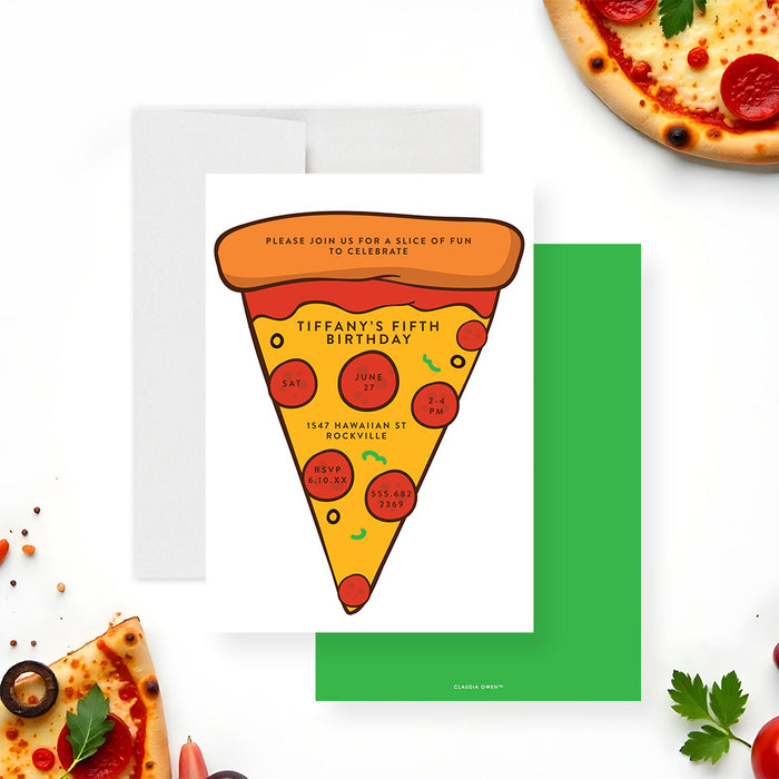 Pizza slice birthday invitation card with a pepperoni design for a kids' pizza party celebration.-front-back