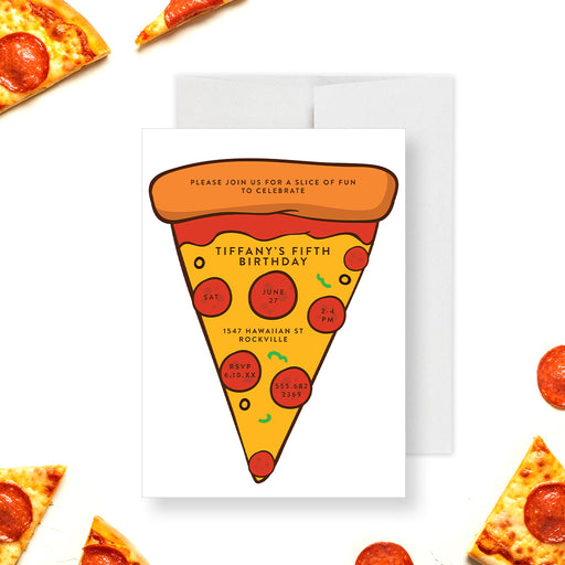 Pizza slice birthday invitation card with a pepperoni design for a kids' pizza party celebration.-front