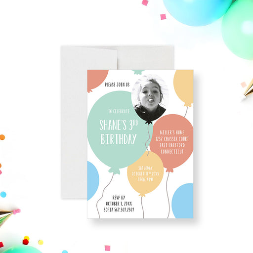 Birthday invitation featuring a child's photo and a colorful balloon illustration, personalized with kids' party details-front