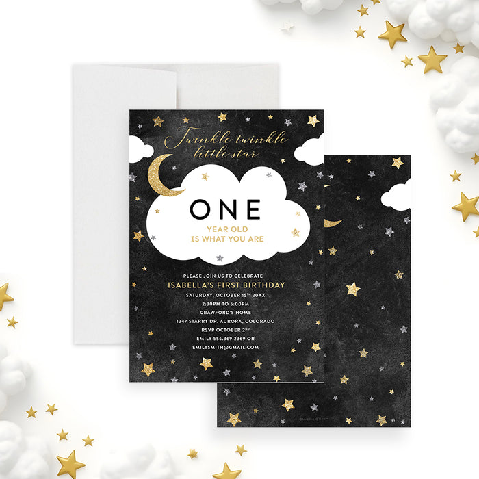 Twinkle twinkle little star first birthday invitation with crescent moon, stars, cloud design and custom party details-front-back