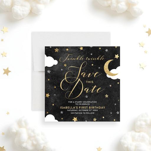 Twinkle Twinkle birthday save the date card with starry night sky, crescent moon and cloud design-front
