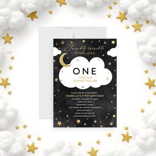 Twinkle twinkle little star first birthday invitation with crescent moon, stars, cloud design and custom party details-front
