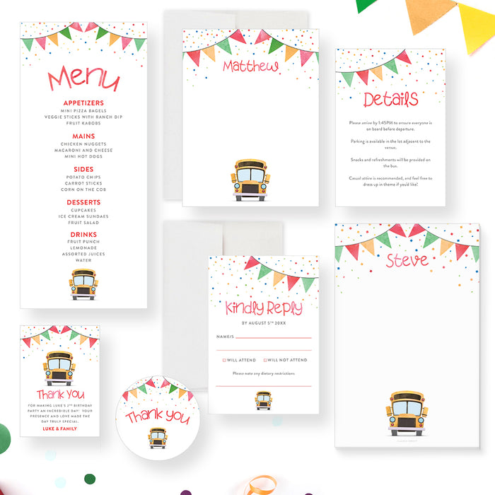Yellow School Bus Kids Birthday Party Invitation, 2nd Birthday Colorful Birthday Party for Boys and Girls, Personalized Toddler Birthday Invite Cards, Wheels on the Bus