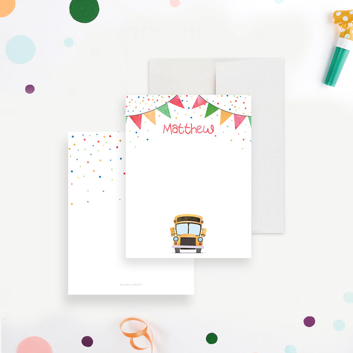 Yellow Bus Note Card with Colorful Confetti, School Bus Birthday Thank You Card, Personalized Gift for Kids, Fun Stationery Cards for Children