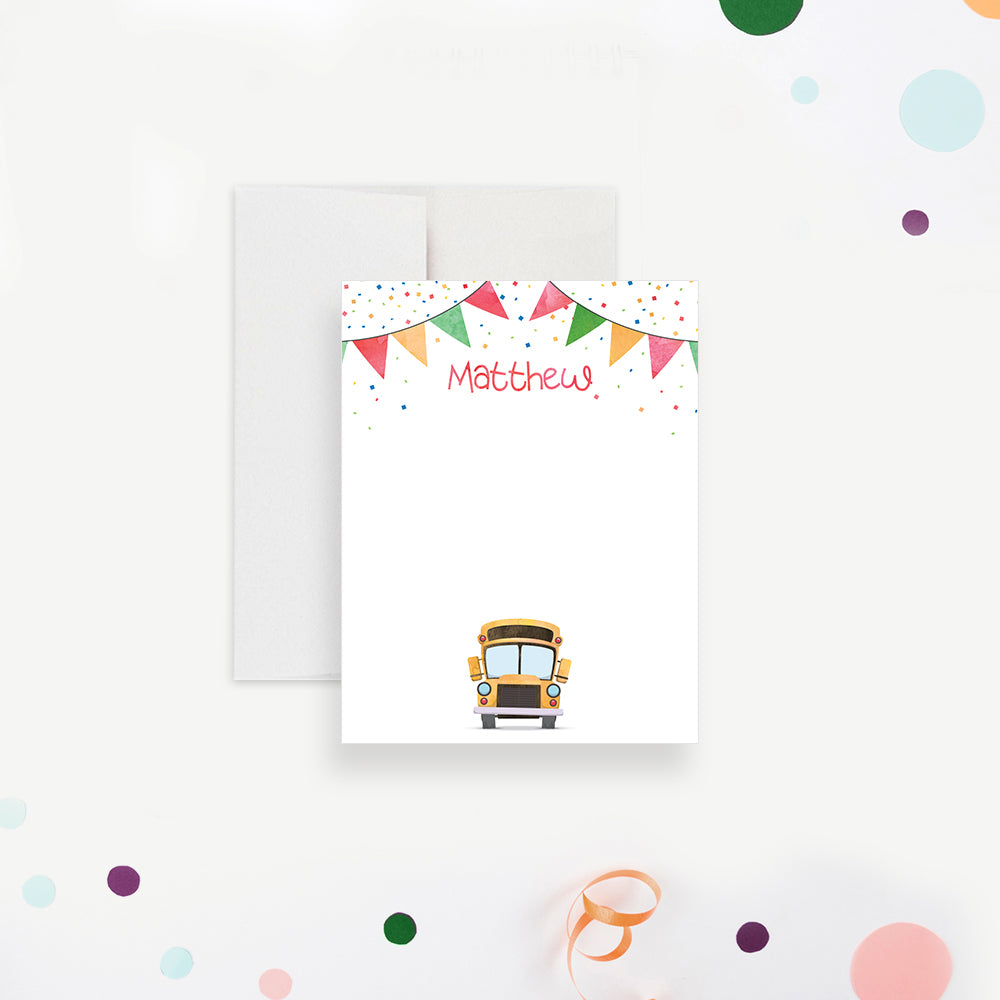Yellow Bus Note Card with Colorful Confetti, School Bus Birthday Thank