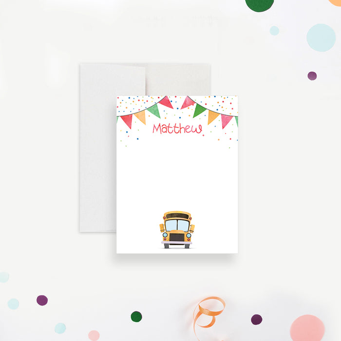 Yellow Bus Note Card with Colorful Confetti, School Bus Birthday Thank You Card, Personalized Gift for Kids, Fun Stationery Cards for Children