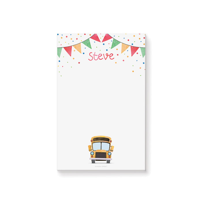 Yellow Bus Notepad with Colorful Confetti and Bunting Flags, School Bus Birthday Party Favor, Fun Stationery Sketching Pad for Children, Personalized Gift for Kids