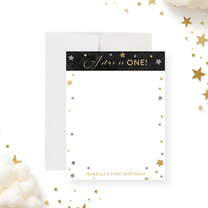 “A Star Is One” personalized note card with starry night sky, clouds, and crescent moon design -front