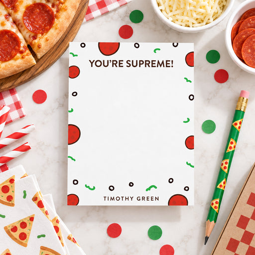 Personalized pizza-themed note card with “You’re Supreme” message and illustrated pepperoni and olive toppings-front