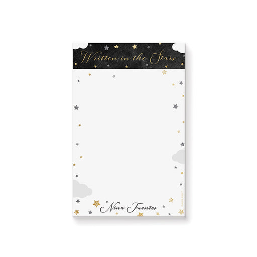 Personalized “Written in the Stars” notepad featuring a starry night with clouds illustration