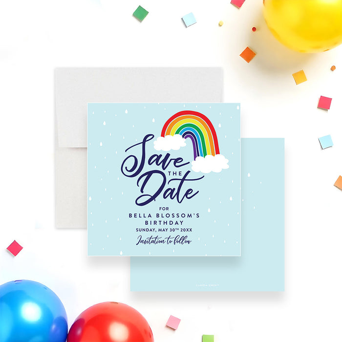 Rainbow save the date card for kids birthday parties. Bright colorful design perfect for announcing your celebration and setting a fun party theme-front-back