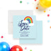 Rainbow save the date card for kids birthday parties. Bright colorful design perfect for announcing your celebration and setting a fun party theme-front-back