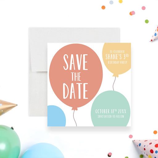 Kids birthday save the date card featuring colorful balloon party design-front